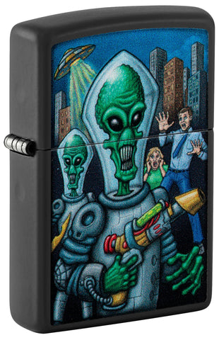 Front shot of ˫ Alien Attack Design Black Matte Pocket Lighter standing at a 3/4 angle.